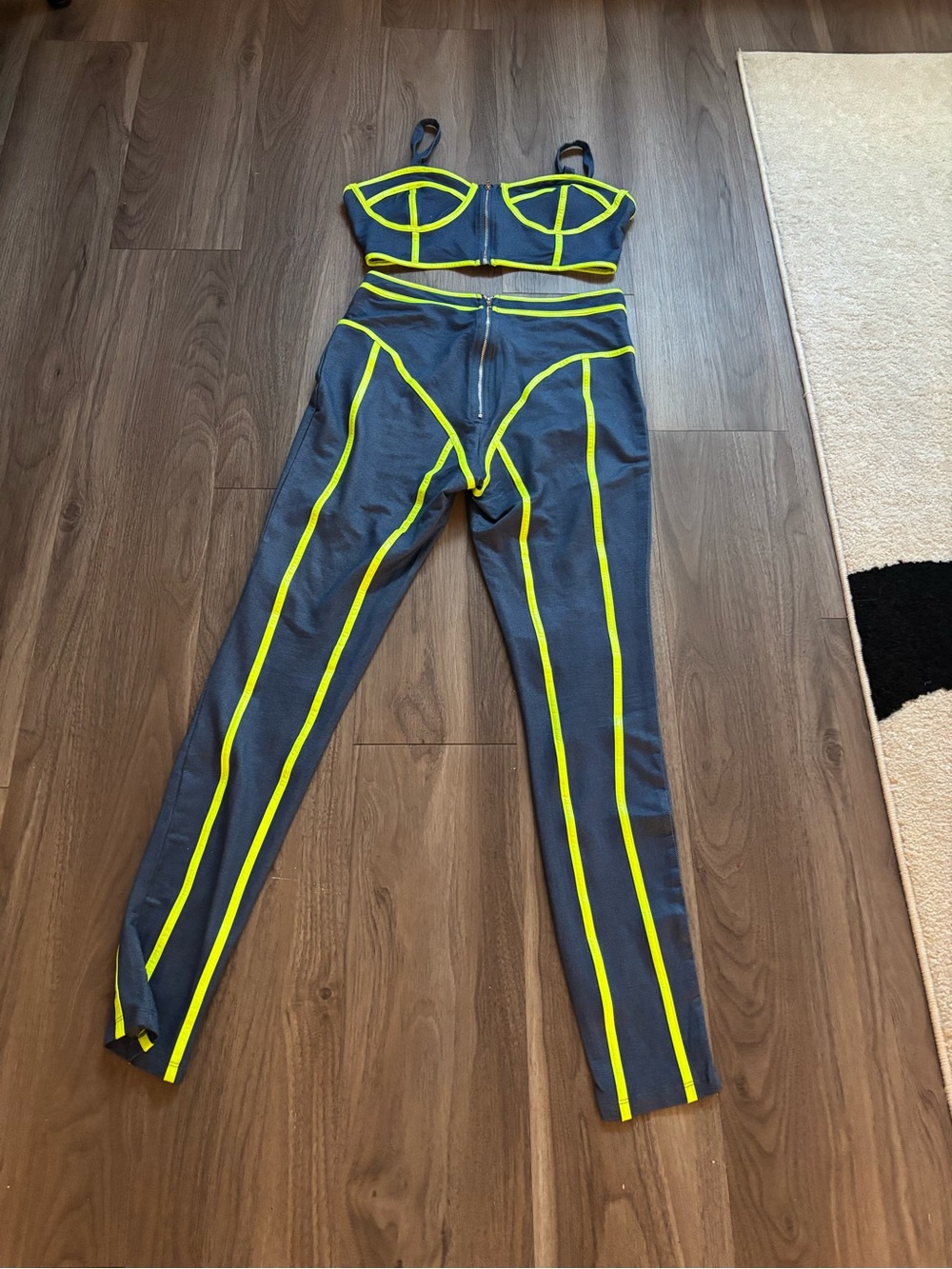 Women’s denim  High-Waist Pants & Crop Top Set with Neon Yellow Piping
